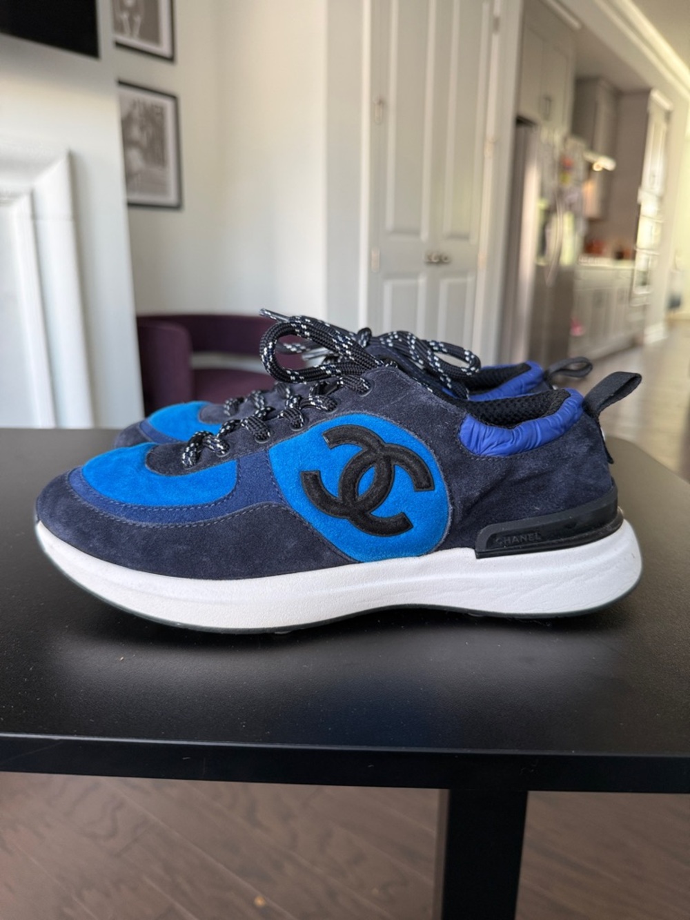 CHANEL Navy and Blue Suede Logo Sneakers